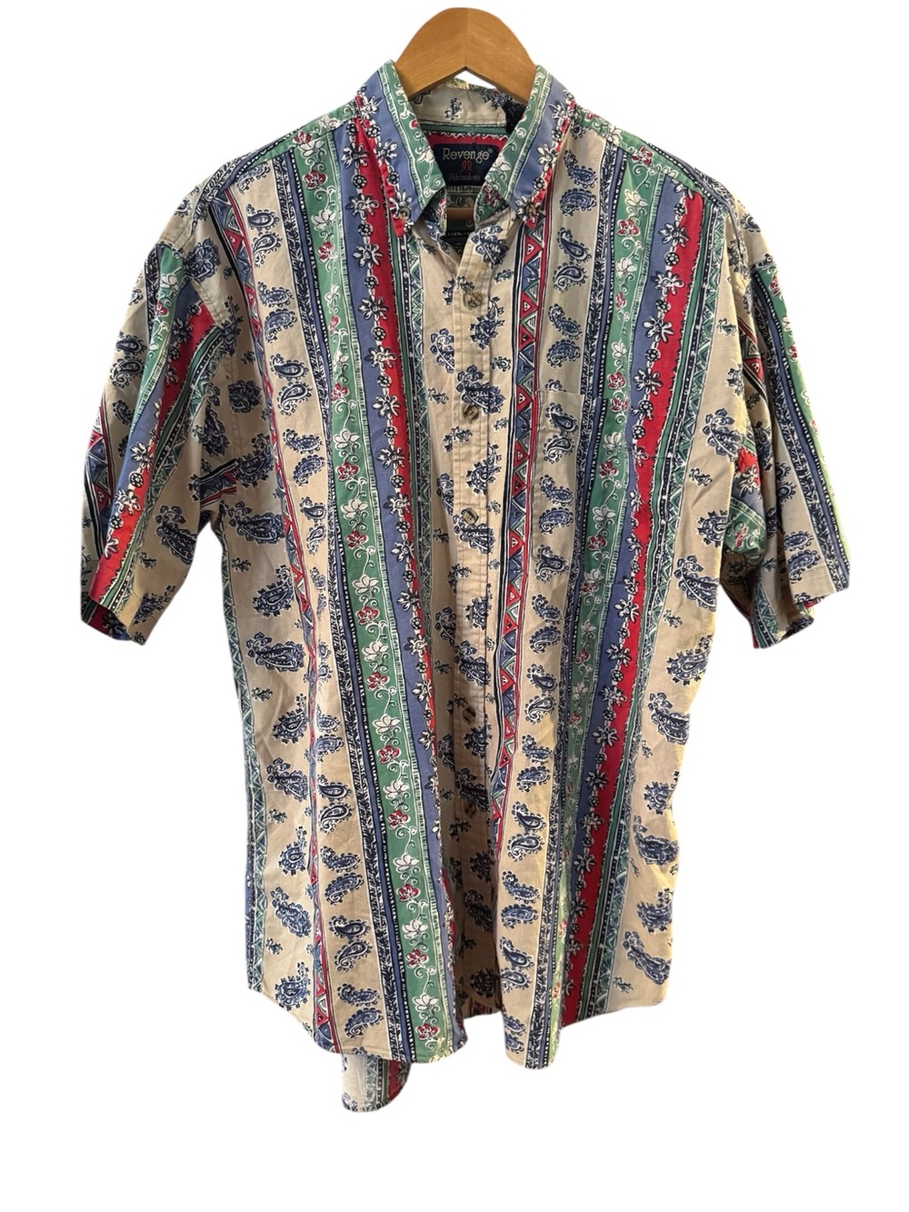 Vintage Revenge Clothing Beige Button-Down with Green, Red & Blue Stripes